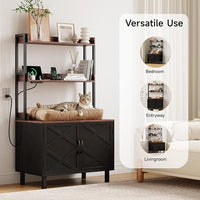55 Inches Cat Litter Box Enclosure, Hidden Litter Box Furniture with 2 Storage Shelves and Charging Sockets, Wooden Cat House, Large Indoor Cabinet for Living Room & Entryway, Black