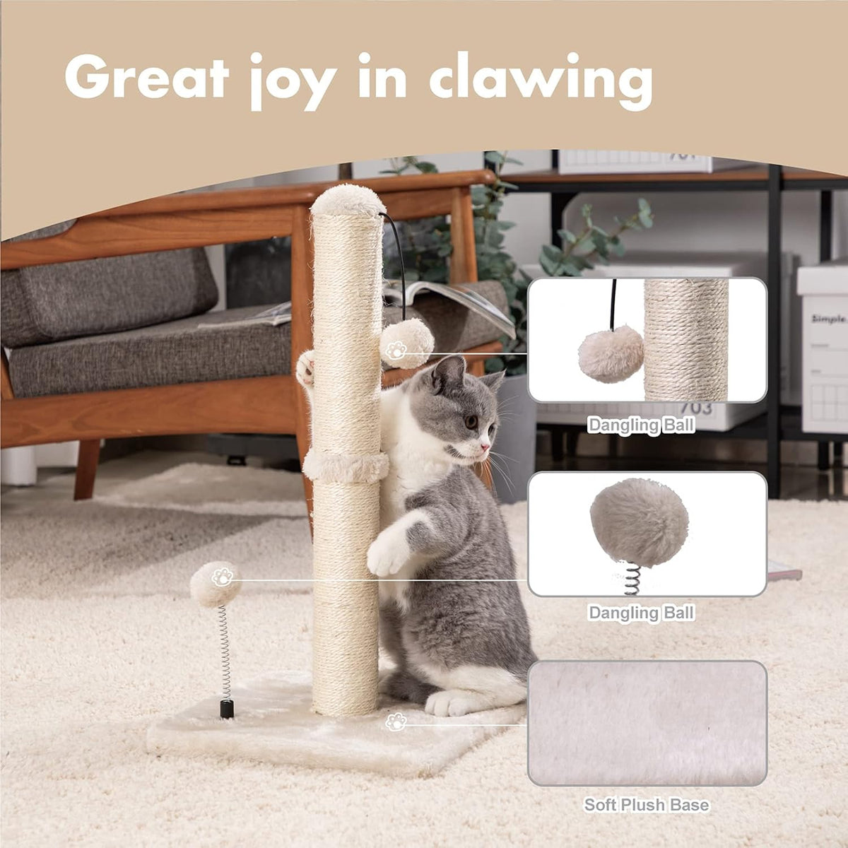 MECOOL 34” Tall Cat Scratching Post Premium Basics Kitten Scratcher - 22 inches for kitten / Beige - image 2