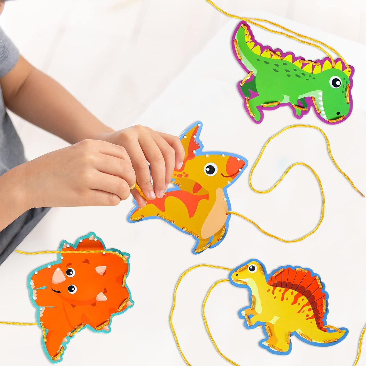 Pajean 10 Pcs Kids Lacing Cards Double Sided Animal Sewing Cards Kits - Dinosaur Style - image 4