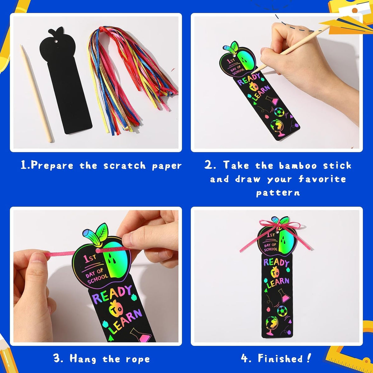 JUNEBRUSHS rainbow scratch art bookmarks with bamboo scratch sticks and colored satin ropes - view 11
