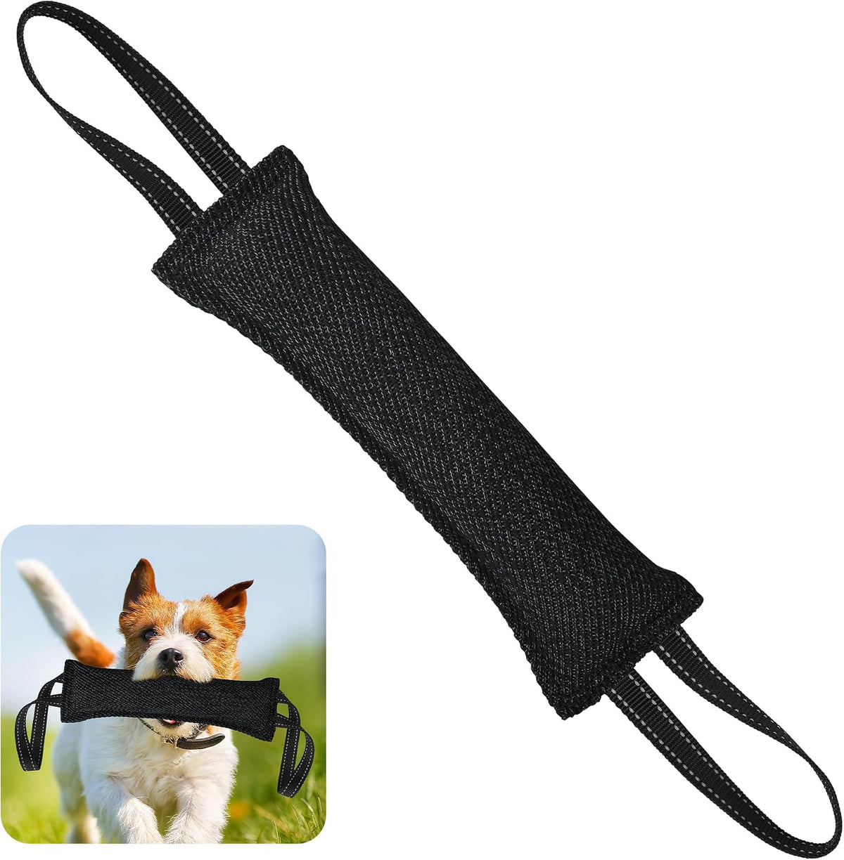 Dog Tug Toy, Dog Bite Jute Pillow Pull Toy with 2 Strong Handles - Dark Black / Line