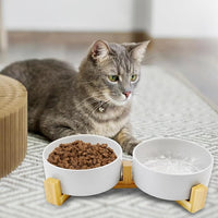 Ceramic Cat Bowls with Bamboo Stand,Non-Slip Small Dog Food and Water Bowl Set Non-Spill Cats Feeder Dish Modern Cute Weighted Cat Dishes for Small Dogs Puppy Cats Kitten(White)