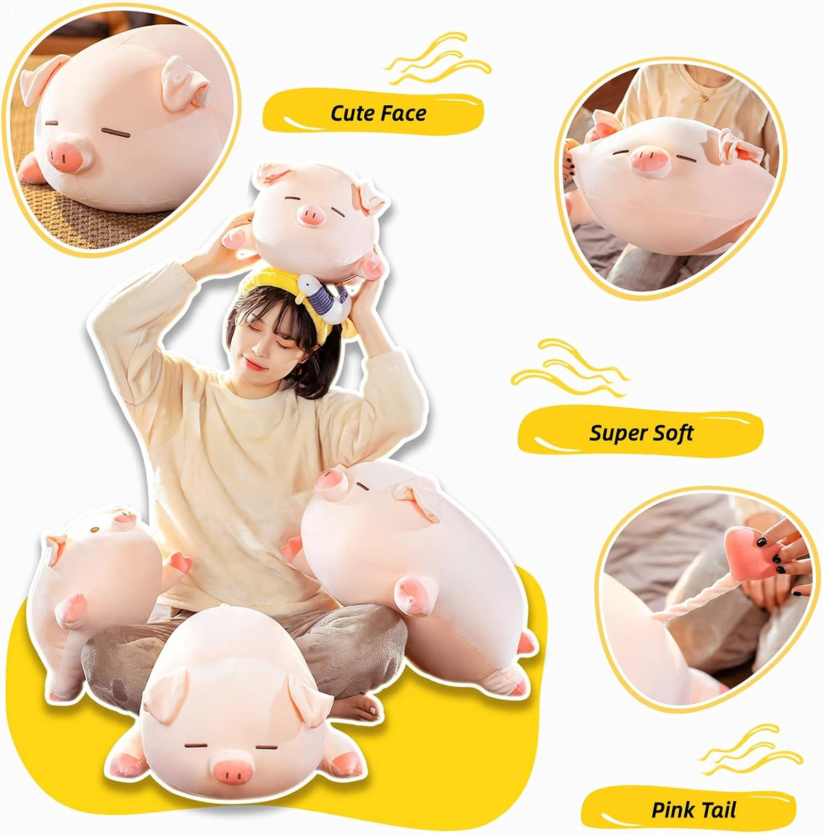 CHDGIOHA 15.7 inch pink kawaii pig stuffed animal plush pillow with round eyes - view 4