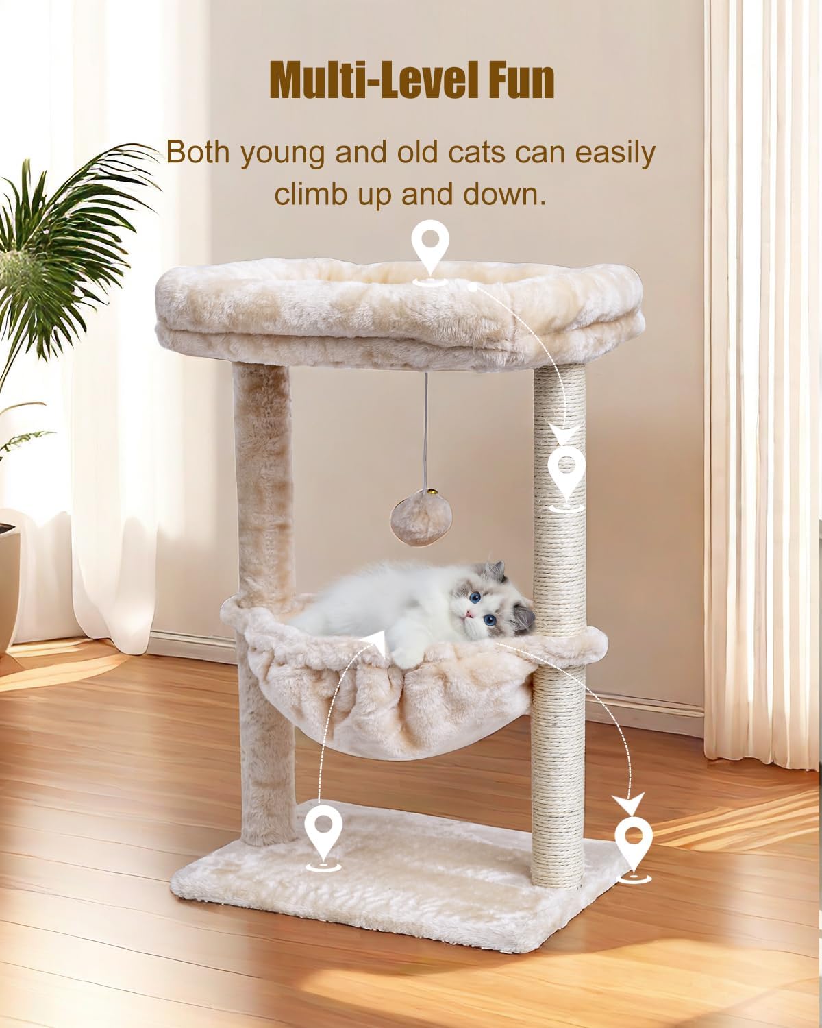 SYANDLVY Small Cat Tree for Indoor Cats - Beige / Top Perch with Basket - image 2