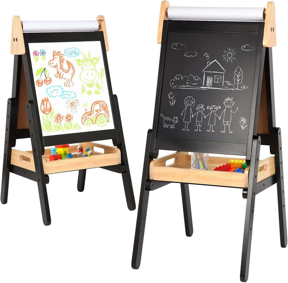 Idea Family 3-in-1 double-sided wooden kids easel with paper roll and storage tray