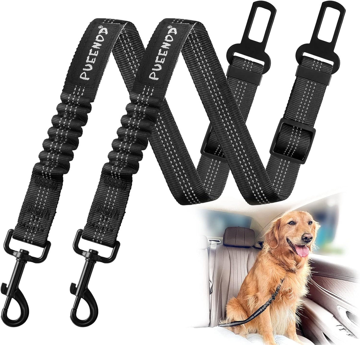 2 Pack Dog Seat Belt Adjustable Dog Car Seatbelts for Vehicle Nylon - Black + Black