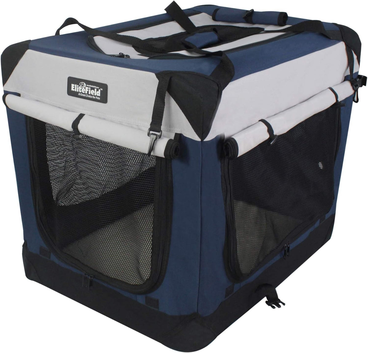 EliteField 4-Door Folding Soft Dog Crate with Curtains – Essentials for Dogs - Navy Blue+Gray / 20.0"L x 14.0"W x 14.0"H - image 2