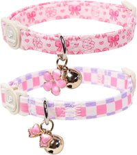Halloween Cat Collar-2Pack Autumn Pumpkin Kitten Collars-Funny - Pink Bow Blossom& Pink Purple Plaid