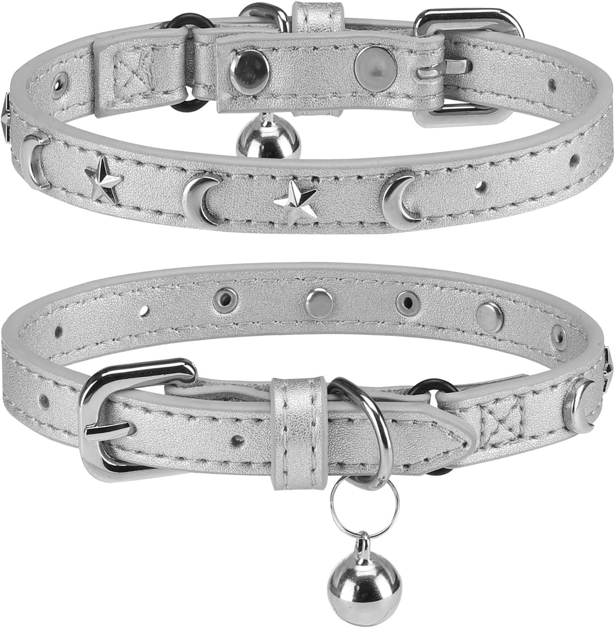 Leather Cat Collar, Breakaway Kitten Collars with Bell, Black – Essentials for Small Pets - Silver Grey_Star & Moon / 7"-9" For Cats(Pack of 1)