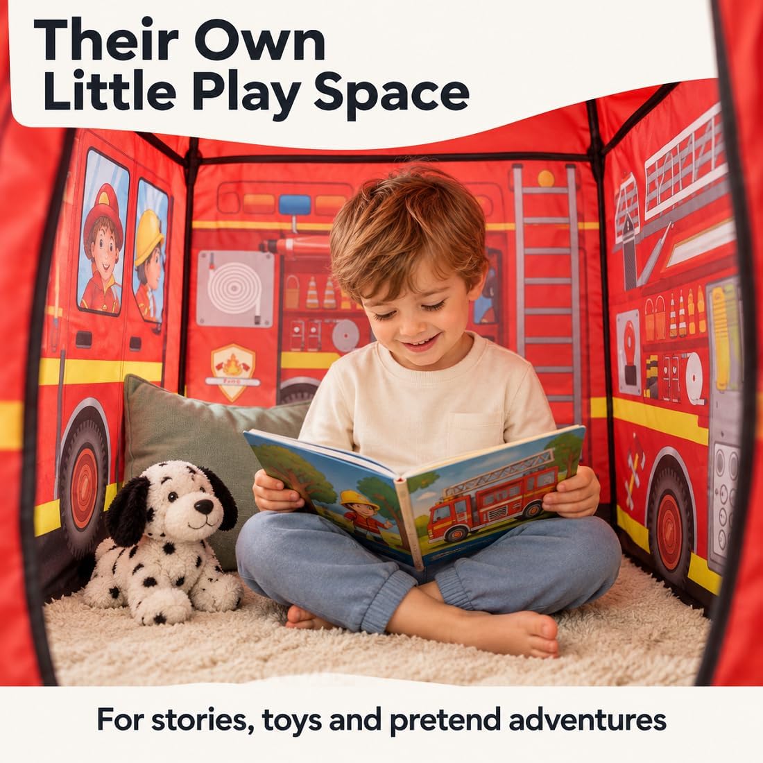 Cecailin fire truck pop up play tent for kids with roll-up door in red - view 19