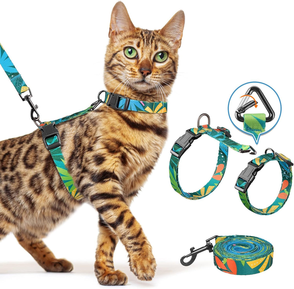 Cat Harness and Leash Set, Escape Proof Cat Harnesses – Essentials for Cats - Hawaii Green / Medium (8-18 lb)