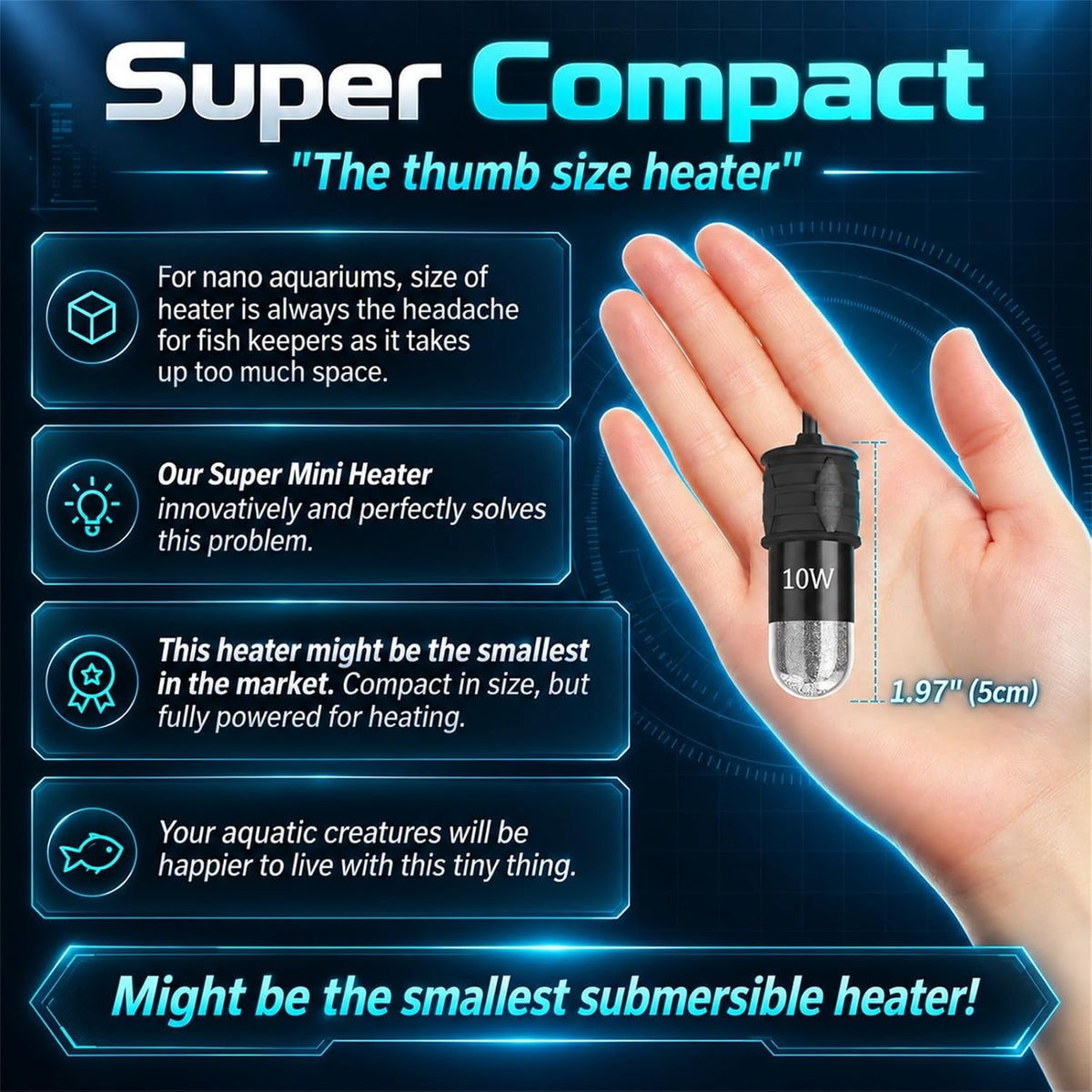 AquaMiracle 5V/2A USB 10W Super Mini Aquarium Heater for Tanks up - ≤ 1 Gal Tanks - image 2