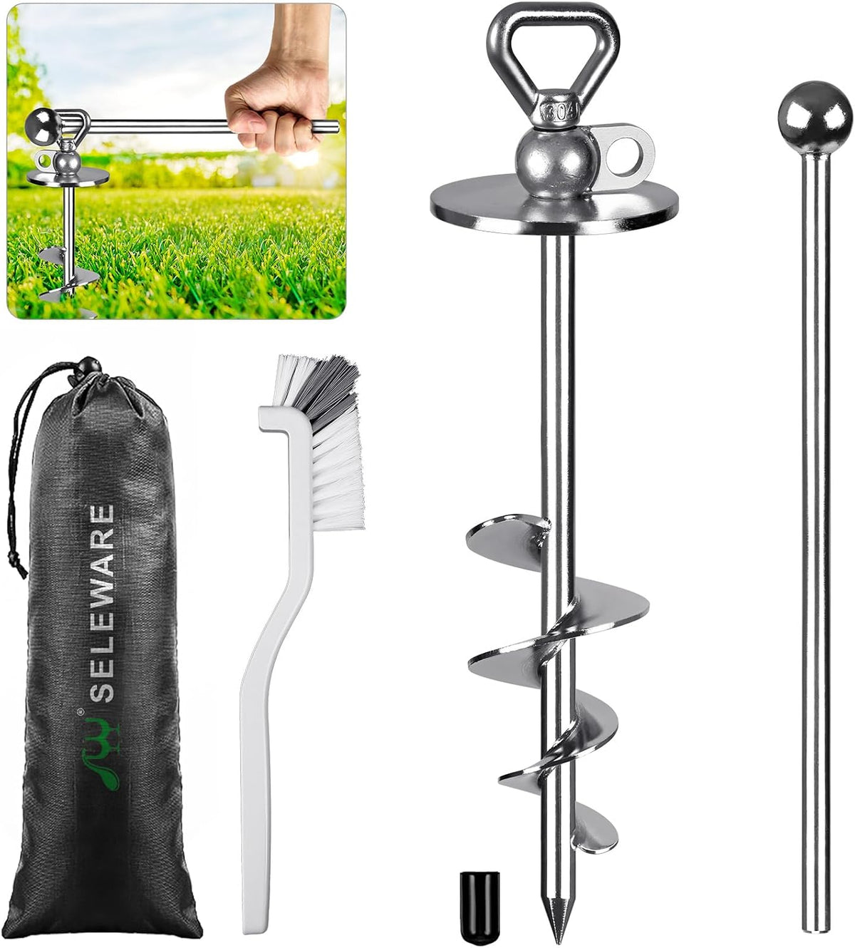 SELEWARE Dog Tie Out Stake 360° Swivel Dog Anchor Outdoor Dog Ground - L stake only / Silver-D