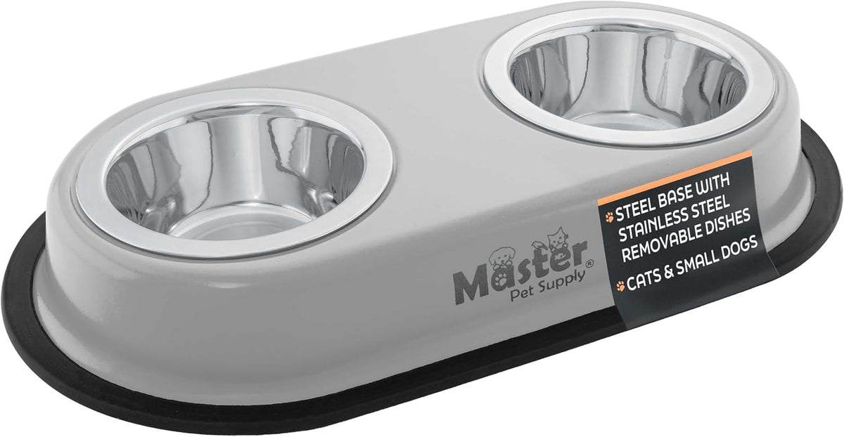 Master Pet Supply Double Dog Bowls Set with Elevated Base Black Velvet – Essentials for Dogs - Light Gray