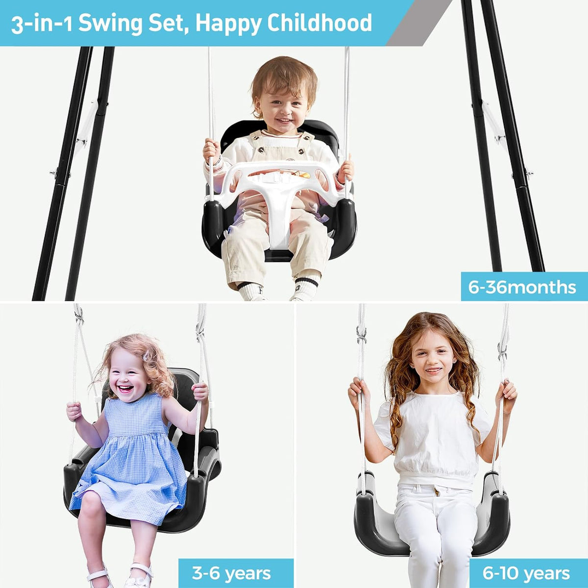 FUNLIO Toddler Swing with Foldable Metal Stand for Toddlers Aged 1~10 - Black - image 4