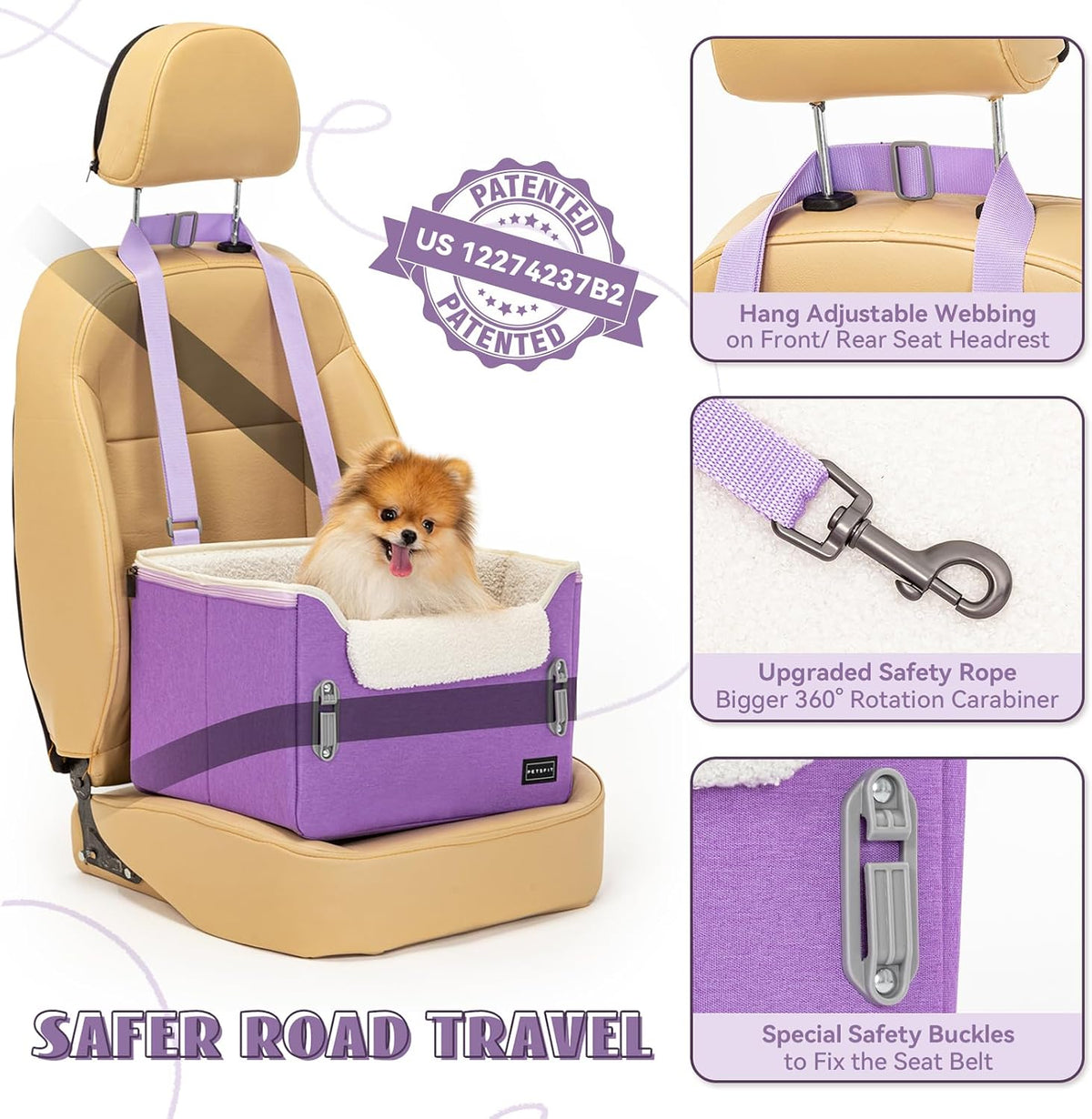PETSFIT Dog Car Seats for Small Dogs, Patented Safety Buckles - Oxford Cloth / Purple - image 3