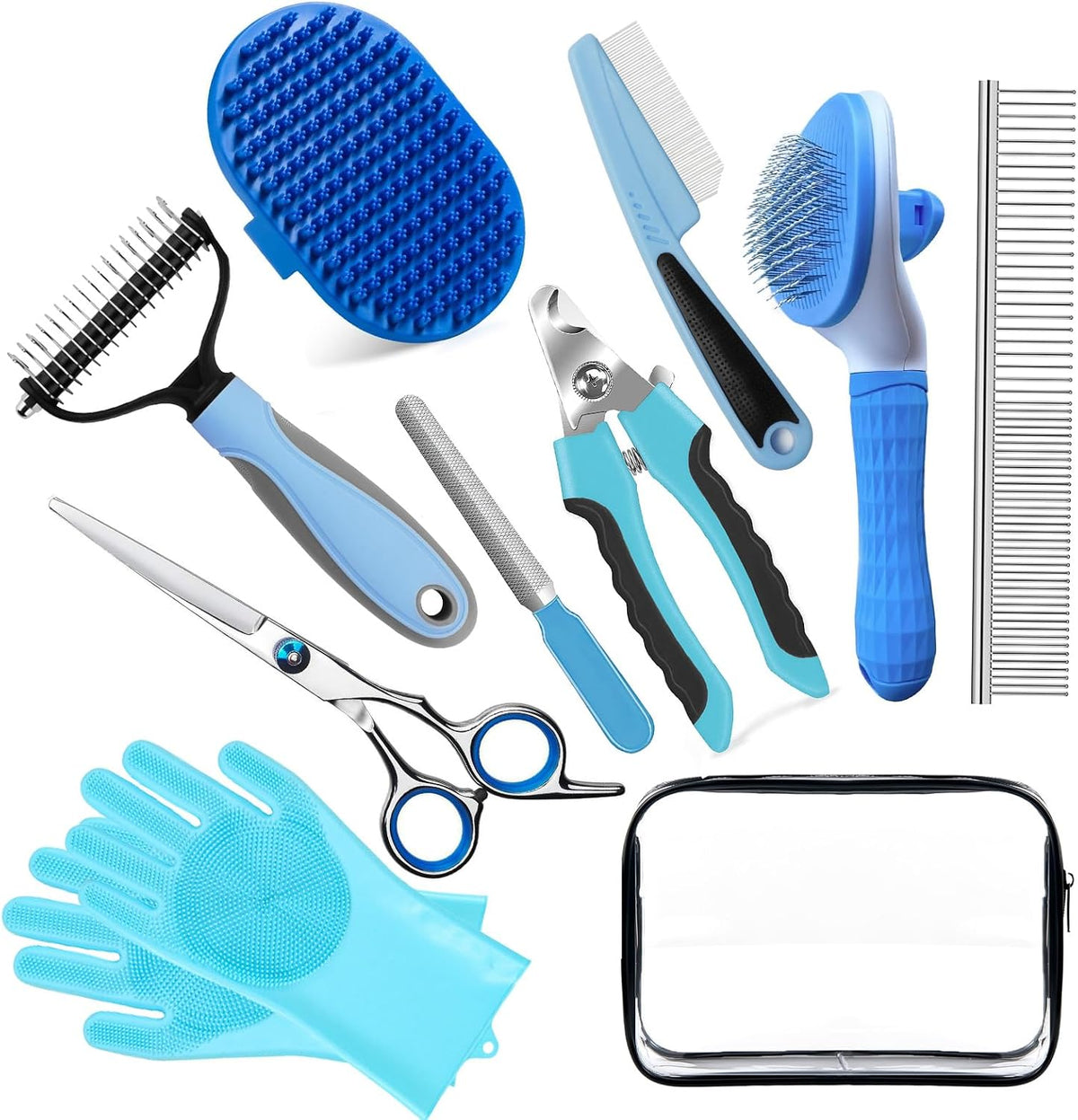 Dog Brush for Shedding 13pcs Bath Grooming Kit with Pet Nail Clipper - Blue 10pcs