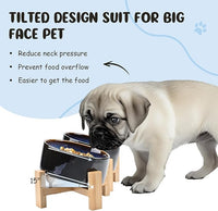 SPUNKYJUNKY 15° Slanted Ceramic Dog and Cat Bowl with Wooden Stand, Tilted Bulldog Food and Water Bowl No Slip Non-Spill for Cats Medium Dogs Big Face Pets 13.5 OZ (1.7 Cups, Starry Blue × 2)