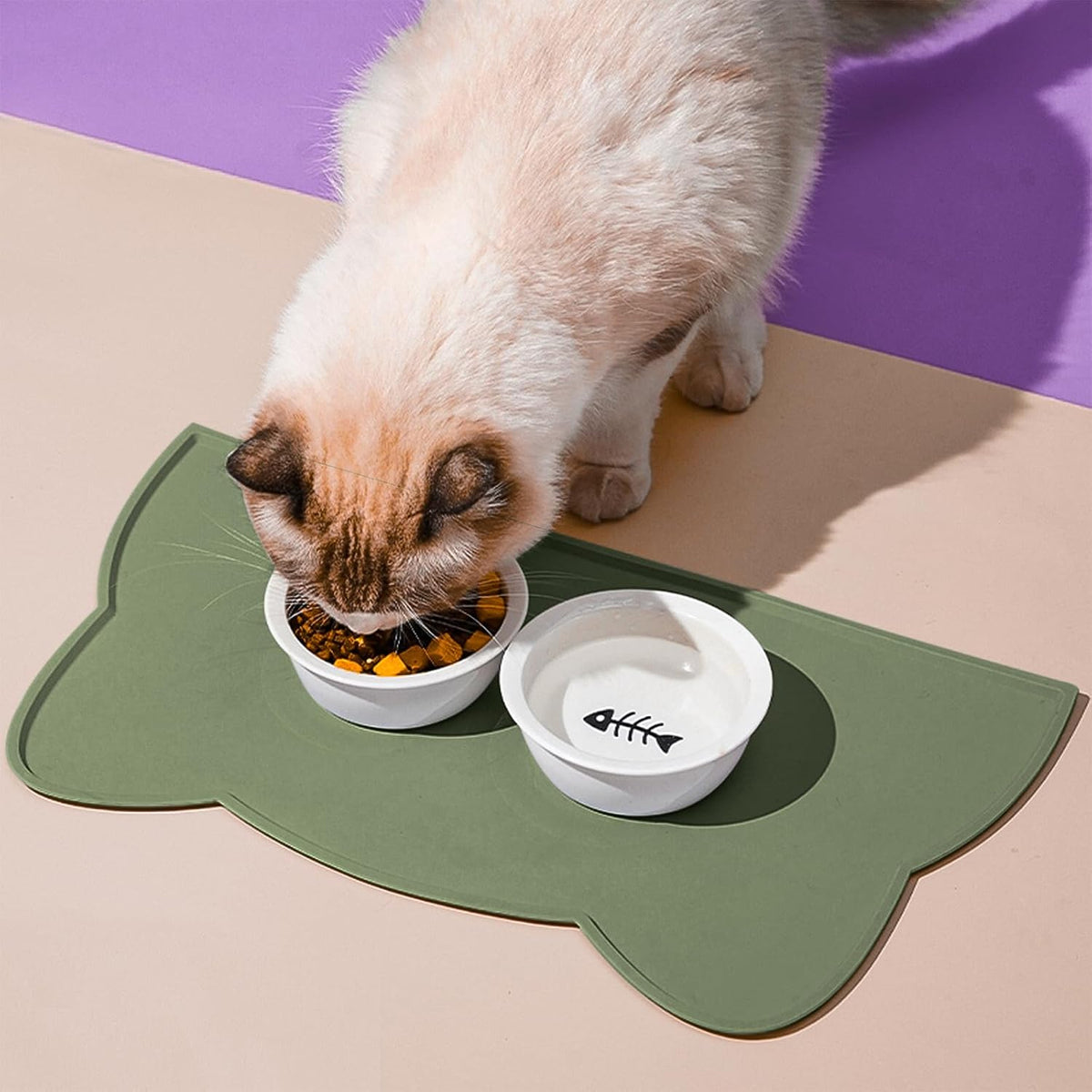 Cat Food Mat, Silicone Non Slip Dog Bowl Mat Waterproof Cat Feeding Mat Stop Food Spills and Water - Olive Green / 17"L x 10"W - image 2