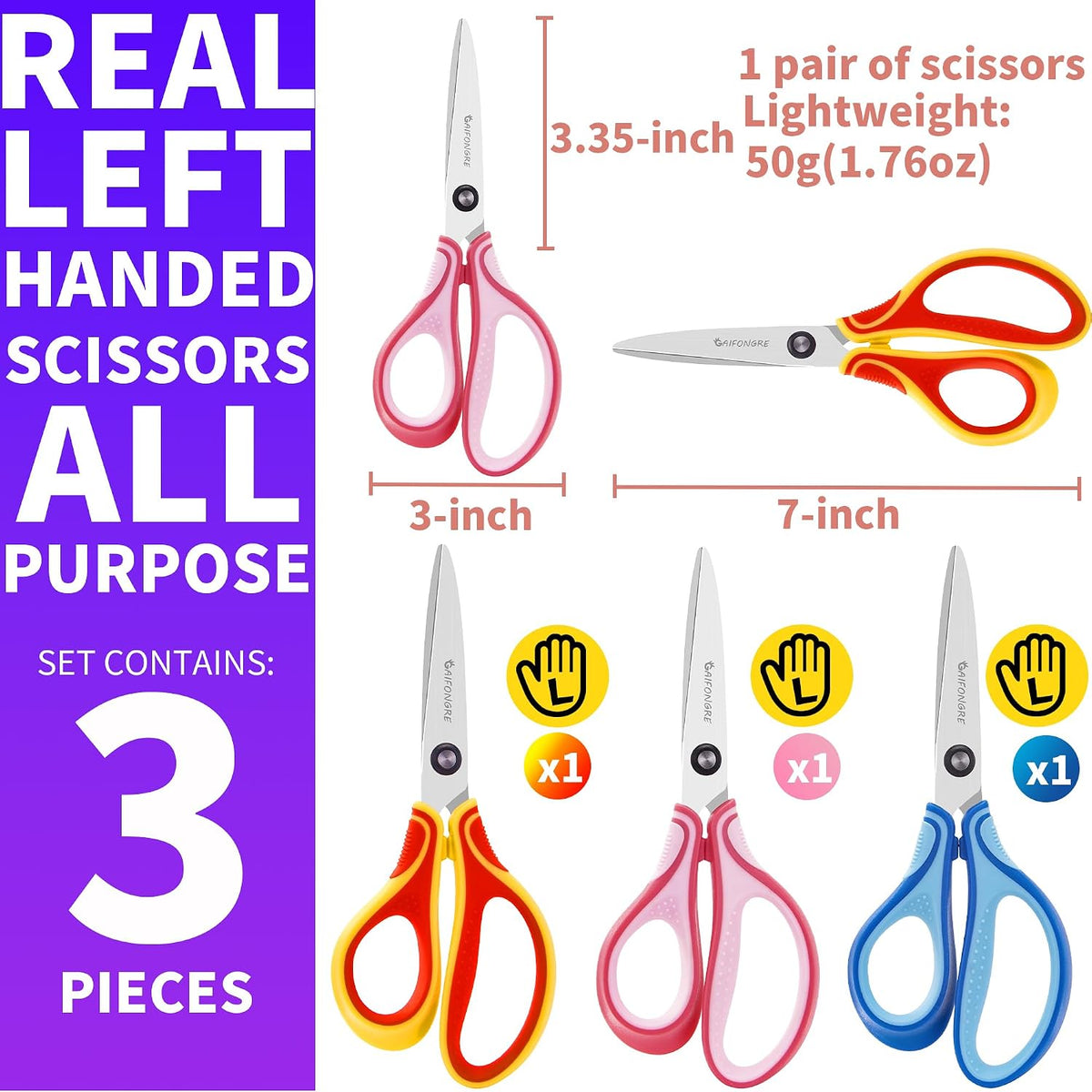 GAIFONGRE 7 inch left-handed kids scissors, 3-pack in red yellow, pink and blue - view 3