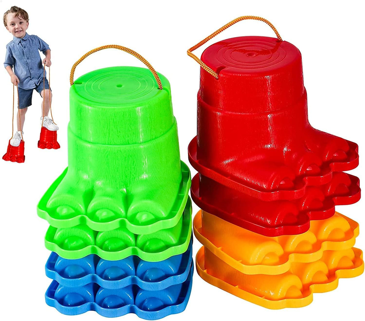 IROO balancing stilts for kids, 4 pairs of monster feet in red, yellow, blue and green