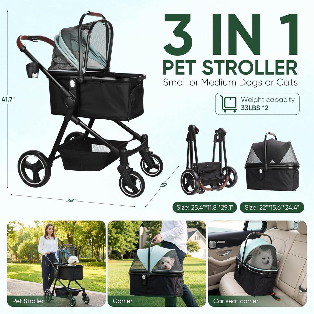 Foldable Double Pet Stroller for 2 Small Medium Cats Dogs – Essentials for Cats - Green / Single - image 3