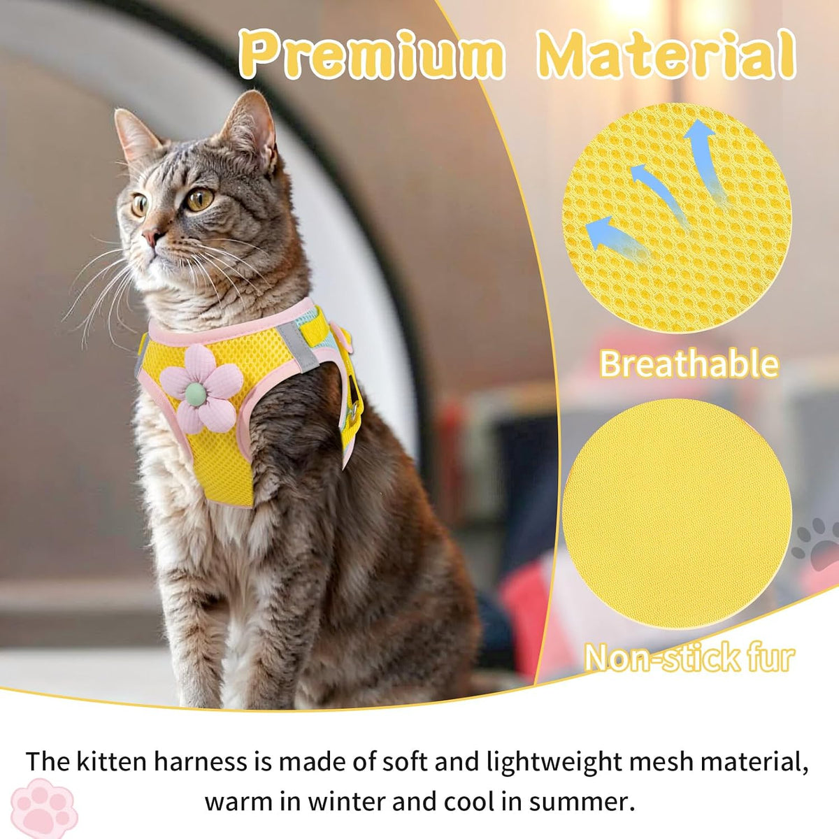 Cat Harness and Leash Set, Escape Proof Soft Vest Walk Pink XS – Essentials for Cats - Lemon yellow / Small - image 4