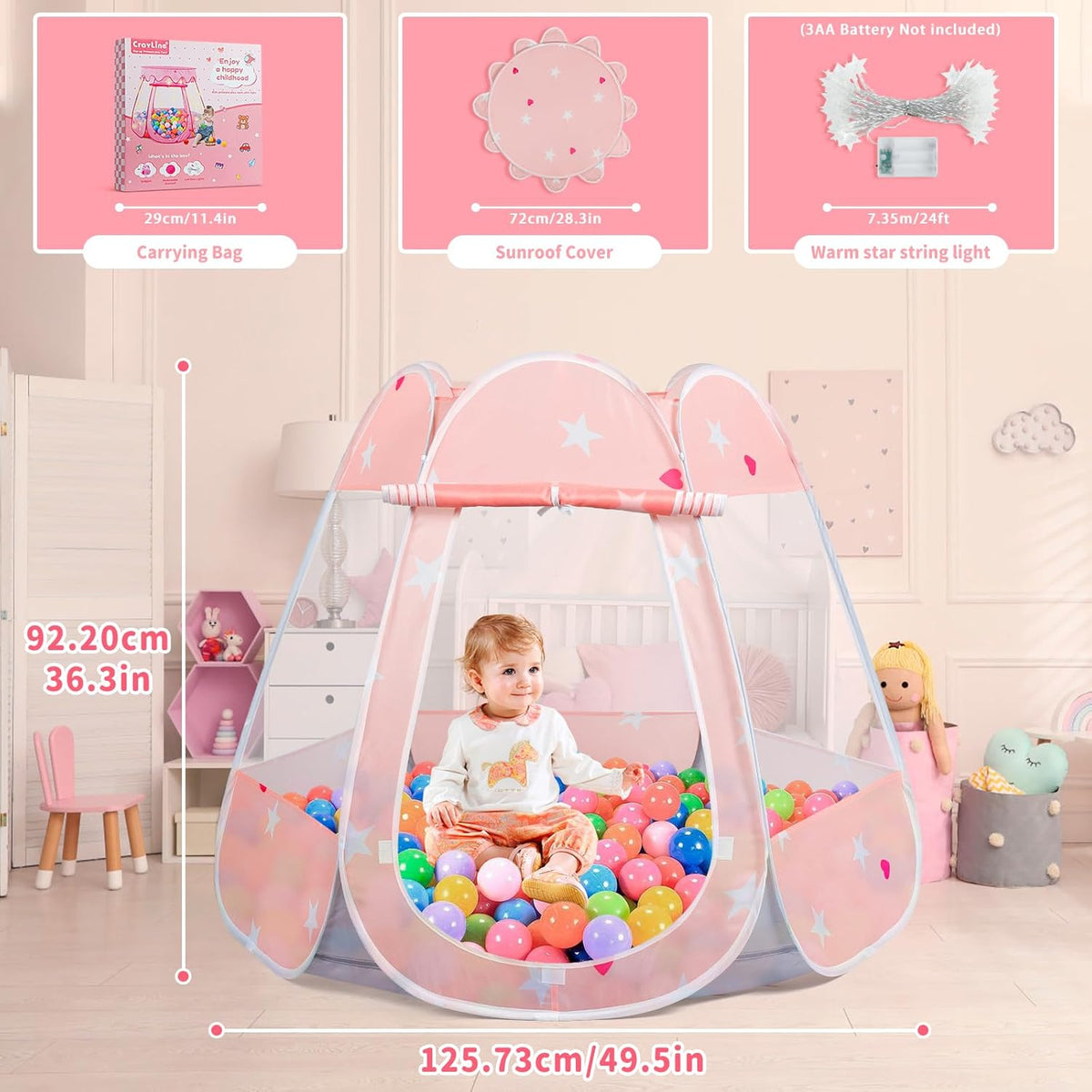 Crayline Pop Up Princess Tent with Star Light - Pink Gray - image 4