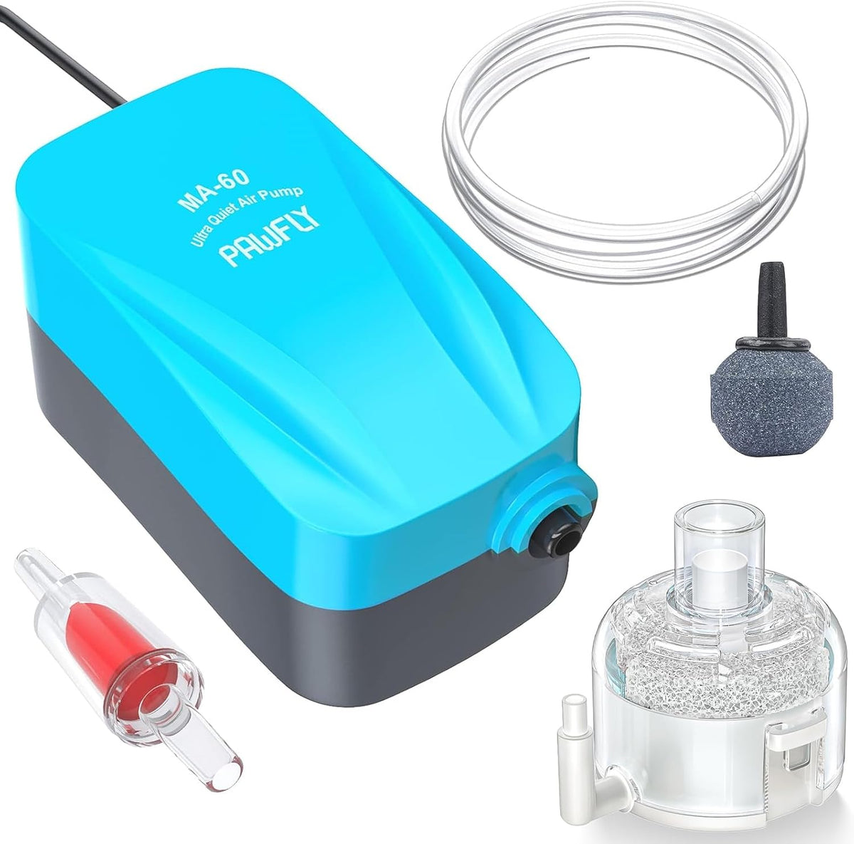 Pawfly Aquarium 15-40 GPH Compact Air Pump Quiet Oxygen Aerator Pump - 3-20 Gallon / With Bio Sponge Filter