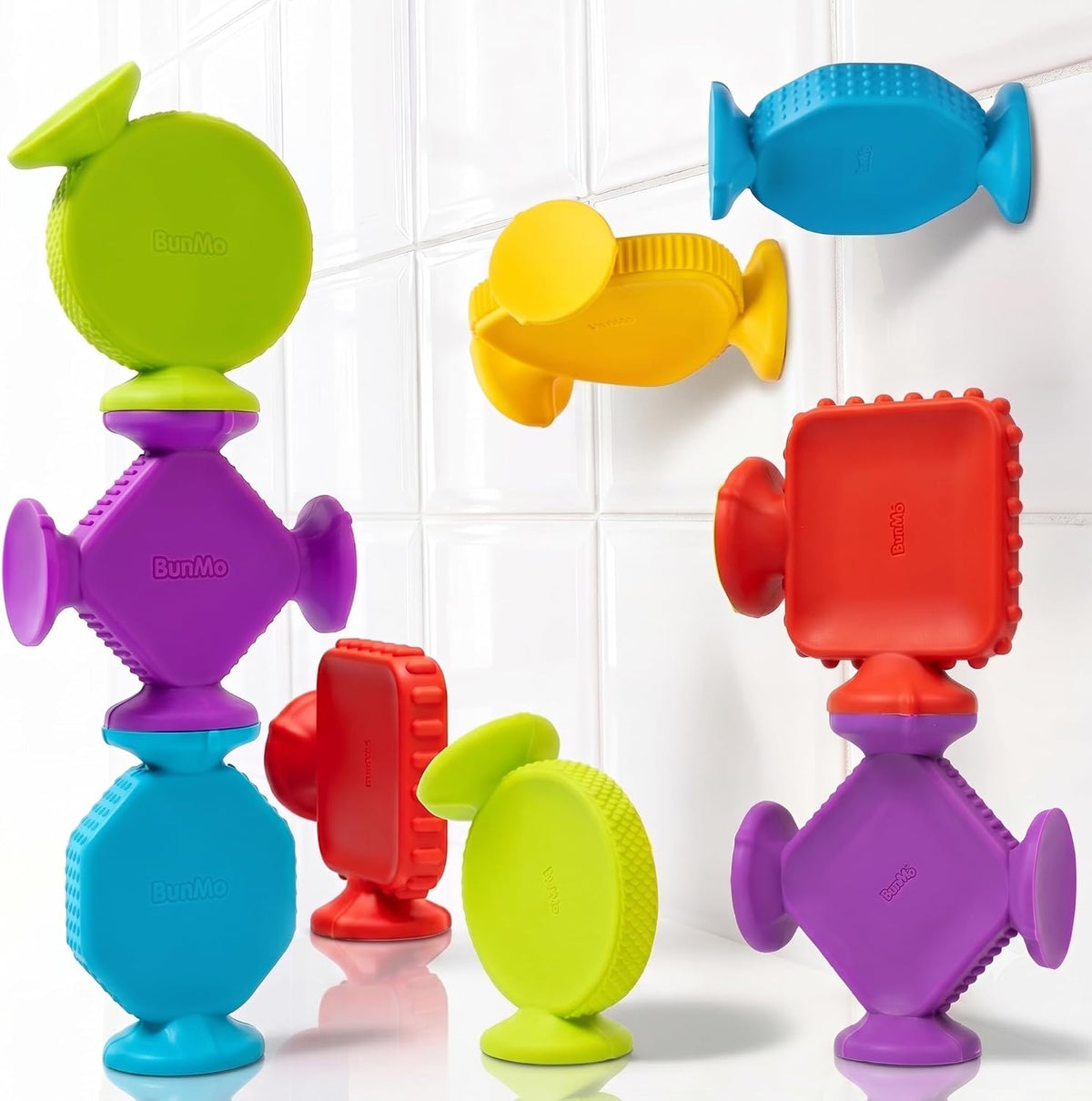 BUNMO Bath Toys Suction, Connect, Build, Create - XL Fun Shapes - 10 Pk