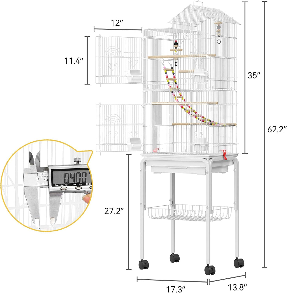 DWVO 62-inch Metal Bird Cage for Cockatiels, Parrots, Pigeons – Essentials for Birds - White - image 2