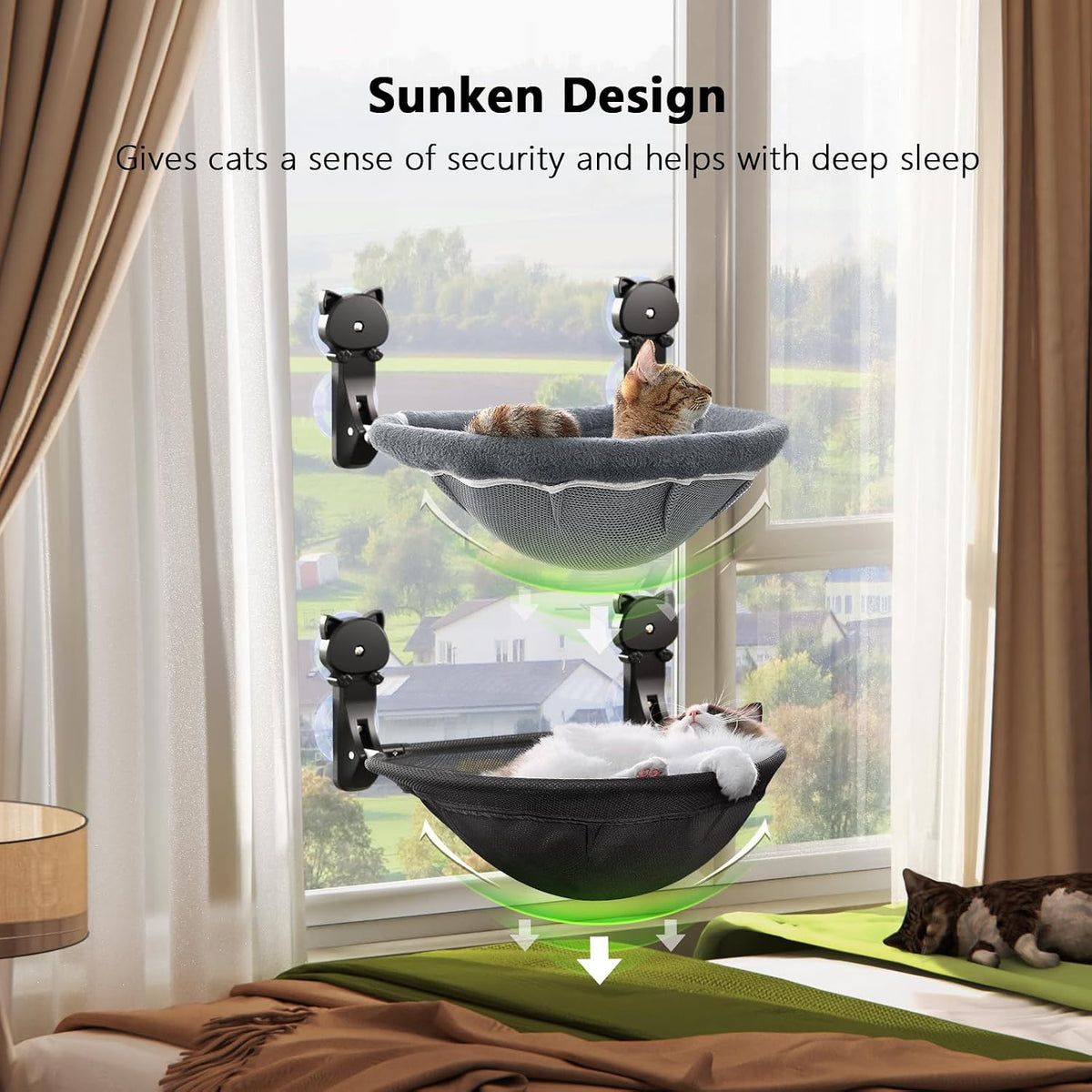 Cat Window Perch Cordless, Foldable & Stable Cat Beds - Faux Rabbit Fur+Mesh Cover / Grey+Black - image 2