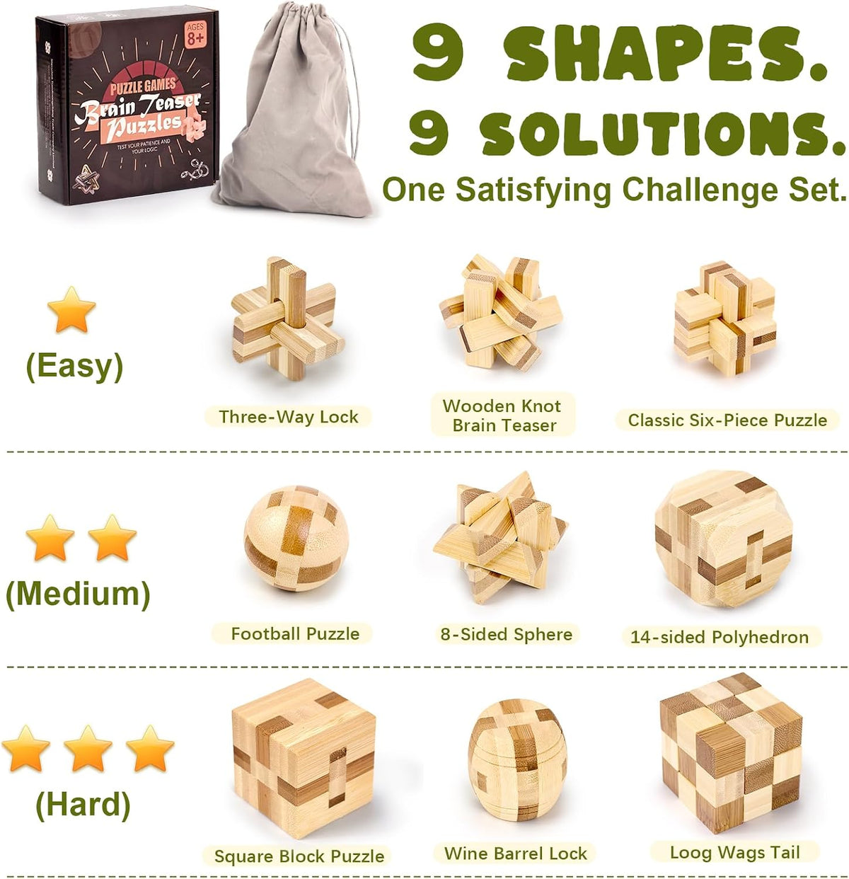 VolksRose 12pcs Wooden Brain Teaser Puzzles - A-9pcs-4.5cm - image 2
