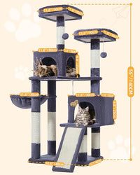 Taoqimiao 56.3-Inch Cat Tree, Cat Tower with Scratching Posts, Cat Tree House for Indoor Cats with hammocks, Toys, Condo and Large Scratch Board, Smoky Gray MS012G