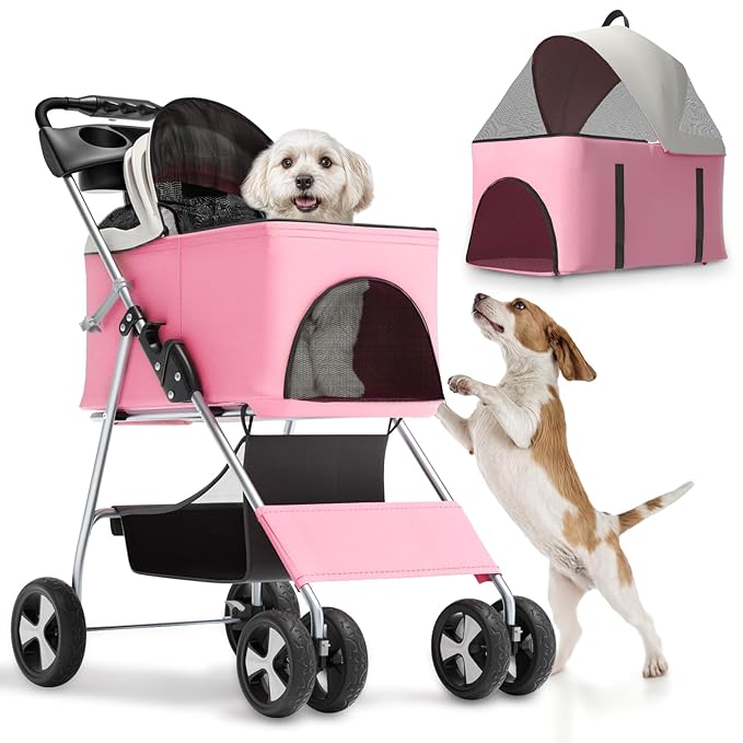 Magshion Foldable Pet Stroller, 3-in-1 Dog Travel Jogger with Detachable Carrier, Cup Holder, Storage Basket, Folding Carrier for Small/Medium Dogs & Cats Up to 33 lbs, Pink