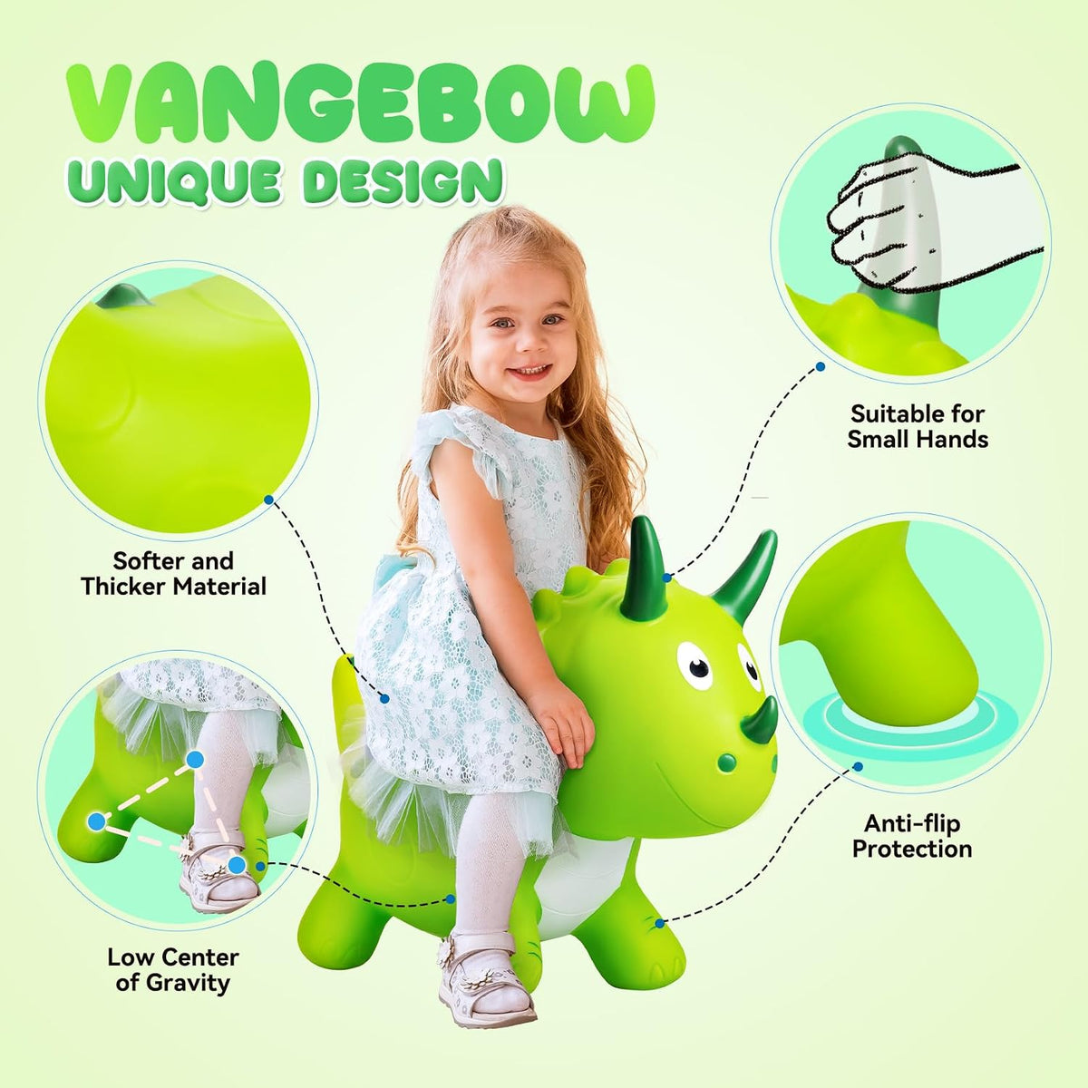 VangeBow Bouncy Horse Animal Hopper Toy for Toddlers 1-5 – Fun for Kids & Family - Green Little Triceratop - image 3