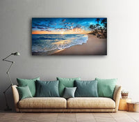 Jiuqinghua Canvas Prints Wall Art Blue Beach Ocean Landscape Paintings 1 panel Sunset Sea Waves Wall Decor Pictures Stretched and Framed for Living Room Bedroom and Office Decor Artwork 30x60inch