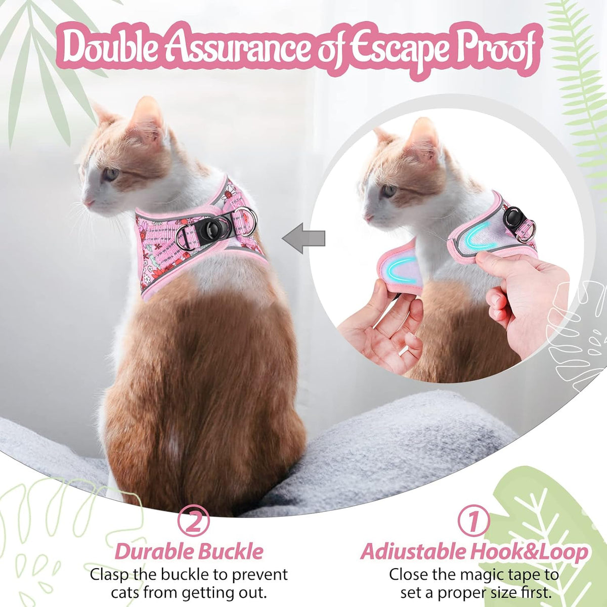 Cat Harness and Leash Escape Proof for Walking - M-Chest(14.5"-16.3") / Pink - image 2