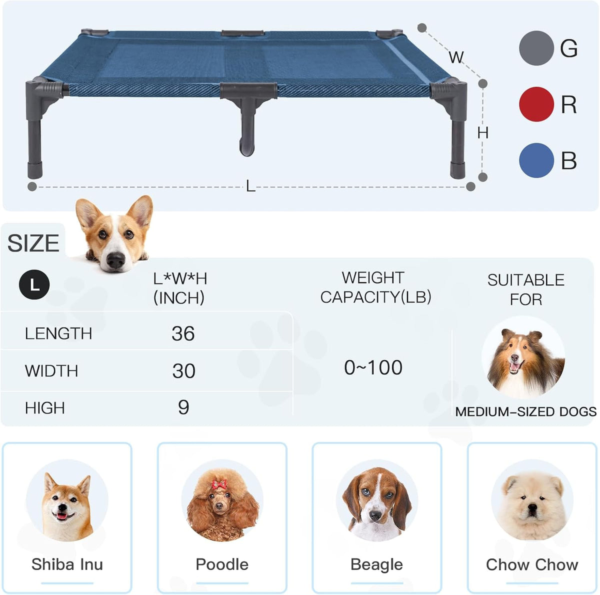 Elevated Dog Bed for Large Dogs 120lb - L (36"L x 30"W x 7"H) / Blue - image 4