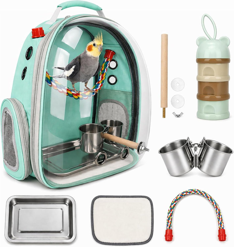 Bird Backpack Carrier, Bird Travel Cage for Parrots with Tray – Essentials for Birds - Mint Green