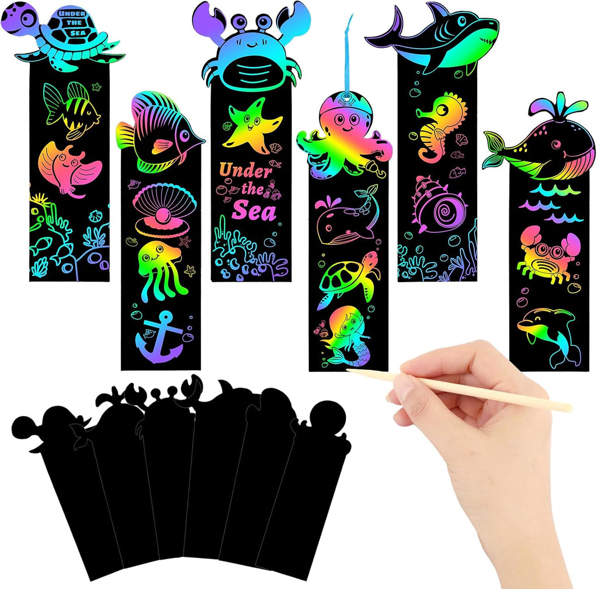 JUNEBRUSHS rainbow scratch art bookmarks with bamboo scratch sticks and colored satin ropes - view 9