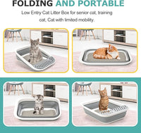 Foldable Cat Litter Box, Large Height-Adjustable Anti-Splash Open Air Kitty Litter Pan, Easy Clean with Scoop (Gray)