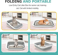 Open Top Cat Litter Box, Large Foldable Kitty Potty with Height-Adjustable Sides and Anti-Splash Design, Easy Clean with Cat Litter Scoop (Gray)