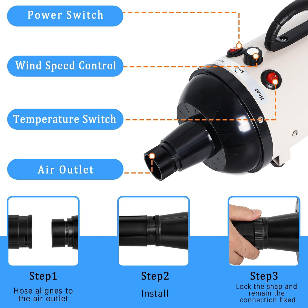 Dog Dryer for Large Dogs 5.2HP 3800W High Velocity Pet Hair Dryers – Essentials for Dogs - Beige - image 4