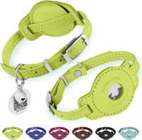 Soft Leather Cat Collar with Safety Elastic Strap - 6-7 Inch (AirTag Holder) / Lime Green