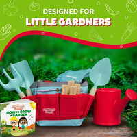 Matching Board Book - Red Kids Gardening Tools Set Includes Sturdy Tote Bag, Watering Can, Shovel, Rake, and Trowel - Garden Storybook - Kids Garden Tools- Easter Gifts for Toddler Age on up.