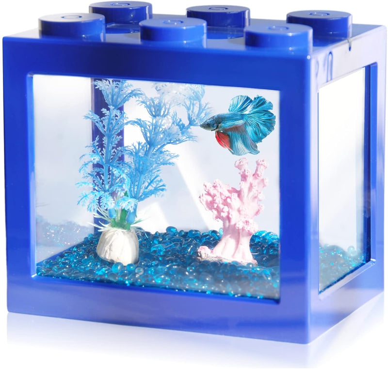 Small Betta Fish Tank, Stackable Mini Fish Tank Aquarium Tank Kit, 3/5 Gallon Rectangular Fish Bowl - Blue