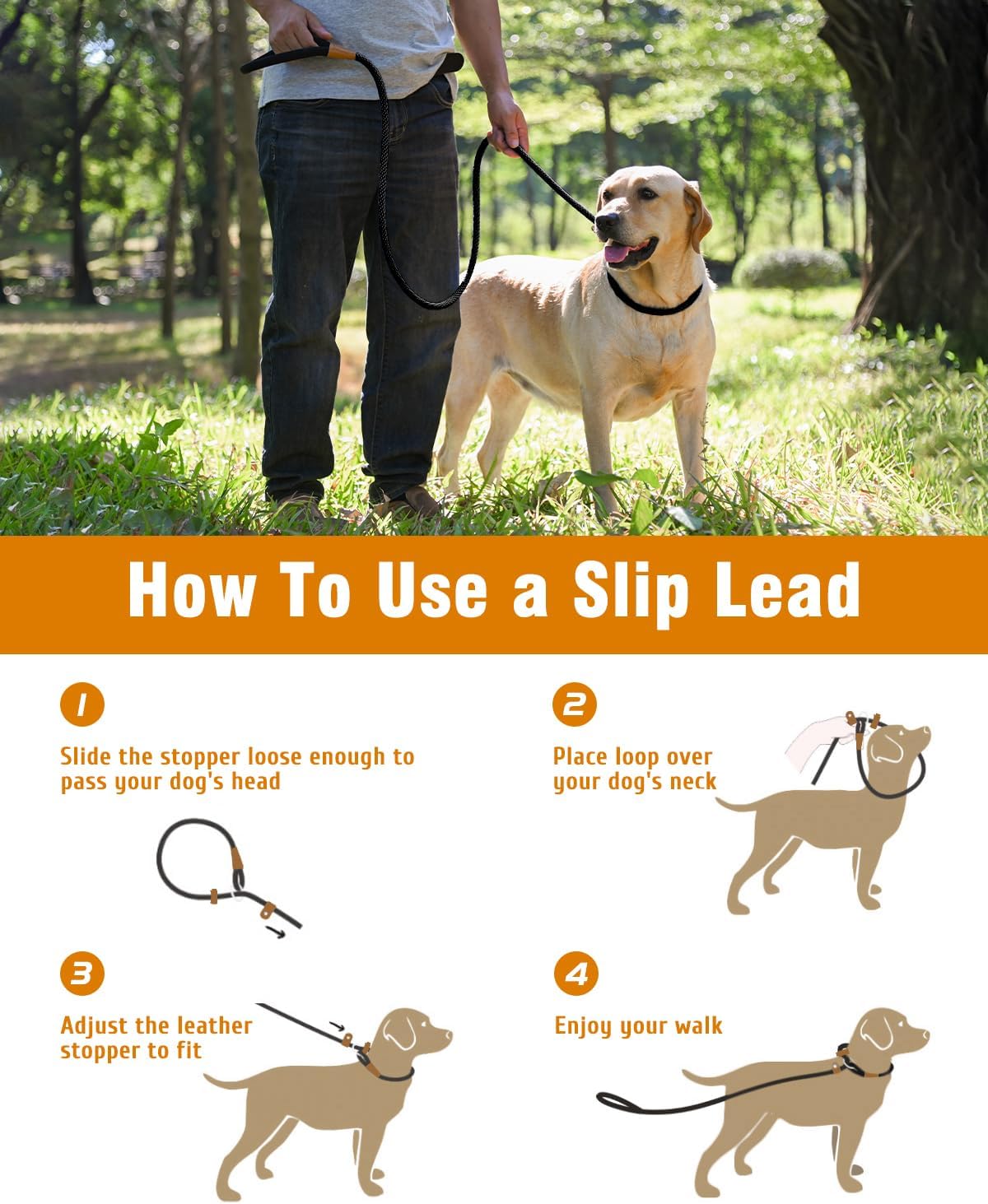Dog Leash Slip Lead Braided Rope Pet Training Loop Leashes 5ft 6ft 8ft – Essentials for Dogs - Black / Slip Lead-1/2in x 6ft Large - image 4