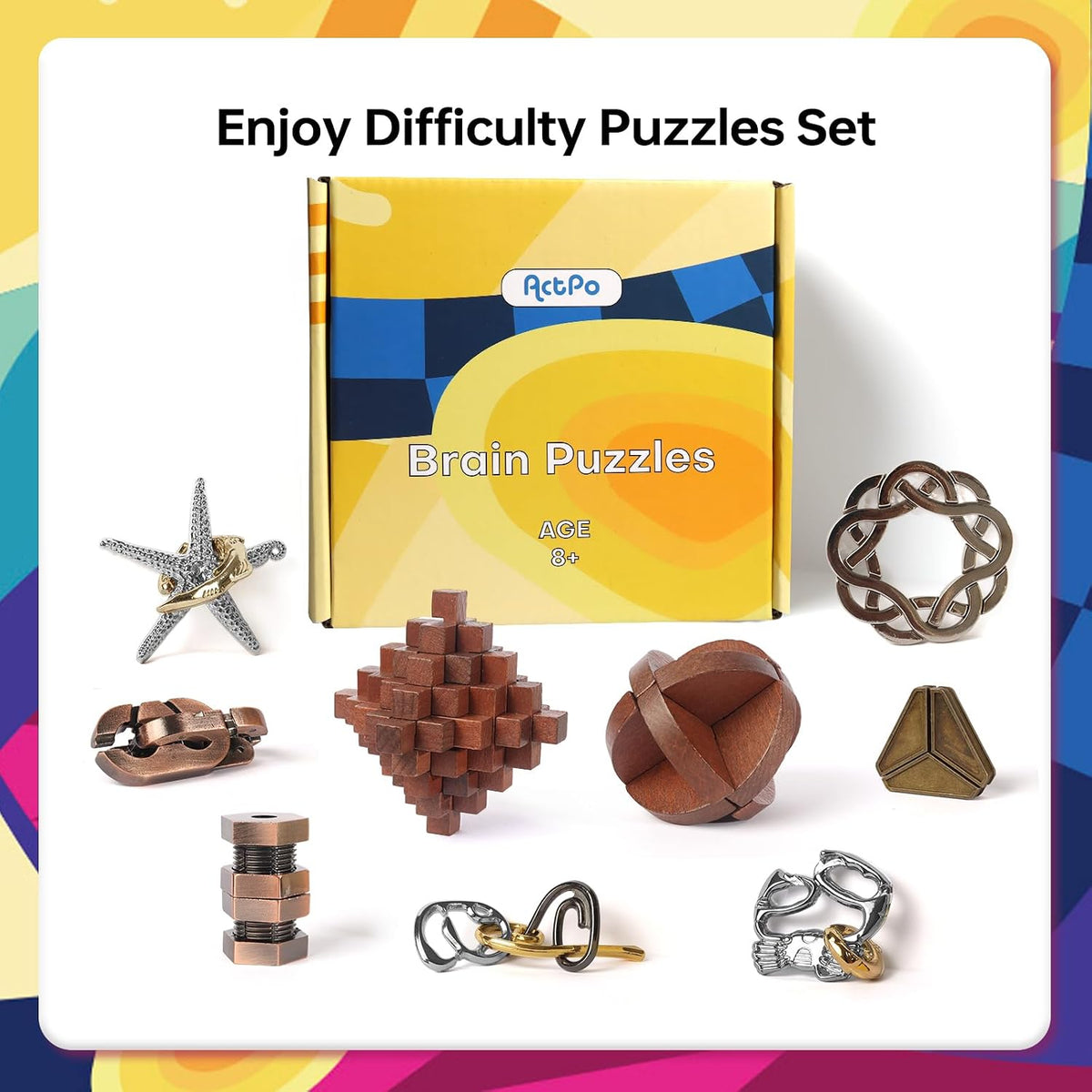 ActPo 9 piece brain teaser puzzles set with metal and wooden 3D puzzles - view 14