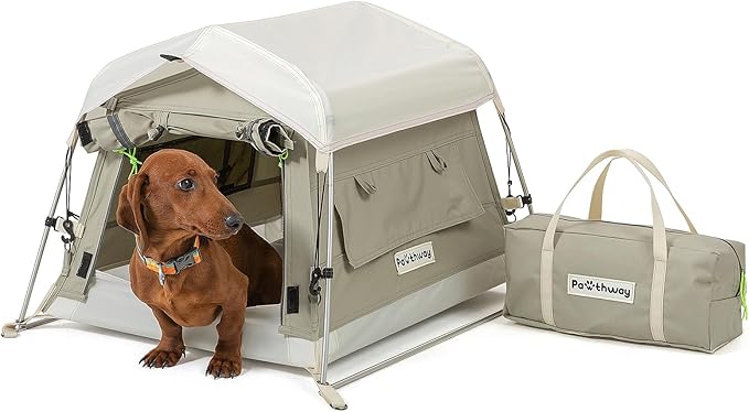 Dog Tent Cotton Fabric, Aluminum Poles and Camping Mat, Outdoor Weatherproof, Dog House Outdoor, Breathable with 2 Side Windows, Portable and Collapsible (Gray, Small)